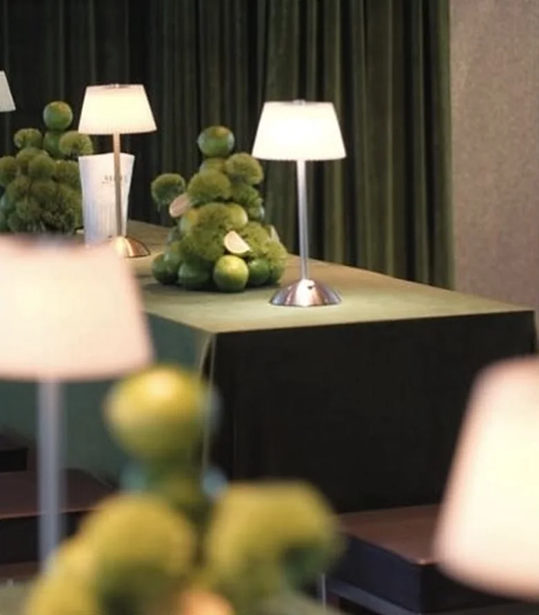 Dinner-Tafel mit Samthussen, Tischlampen und grünen Dianthus-Arrangements