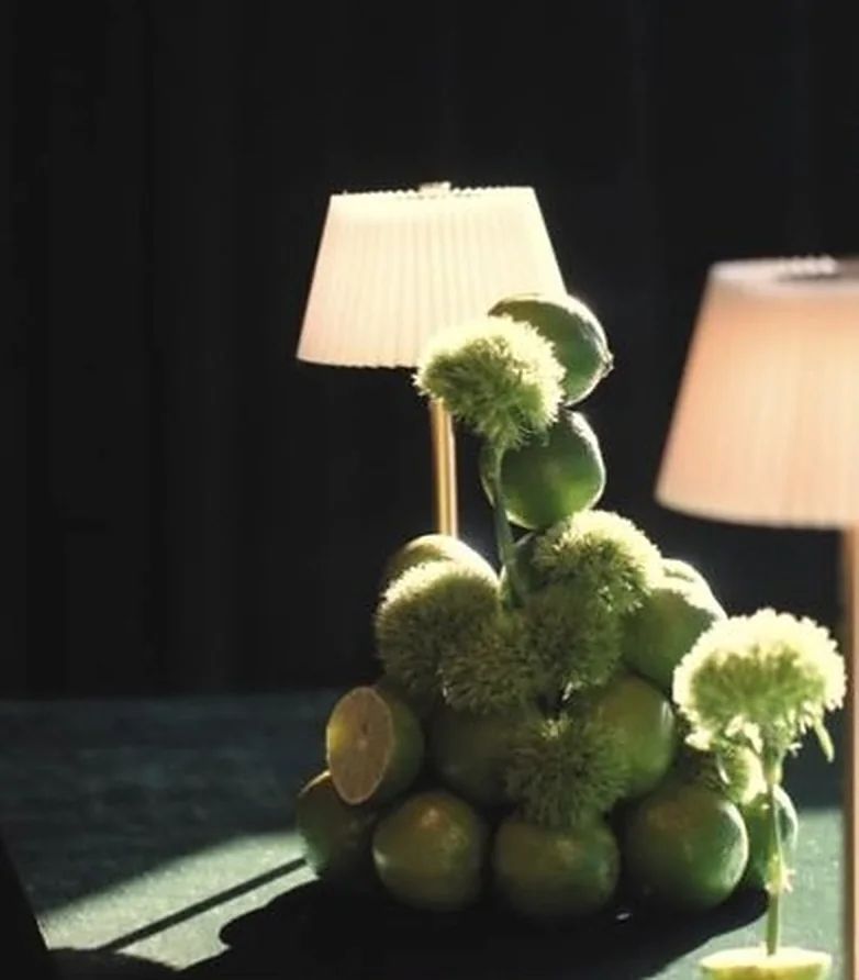 Skulpturales Arrangement aus Limetten und grünem Dianthus neben einer Tischlampe
