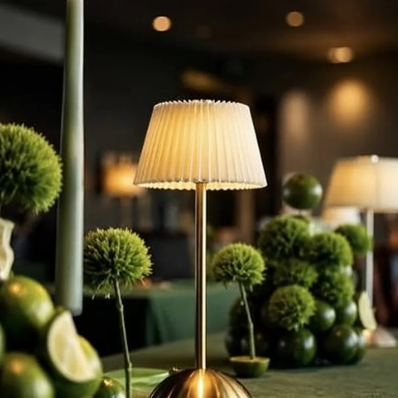 Tischlampe und Stabkerze zwischen Limetten und Dianthus